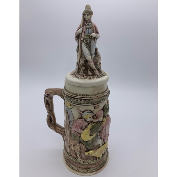 Vintage Ceramic Relief Pub Scene Hunter/Dog with 3D Lid- Beer Stein, Signed Kim - Picture 2 of 12